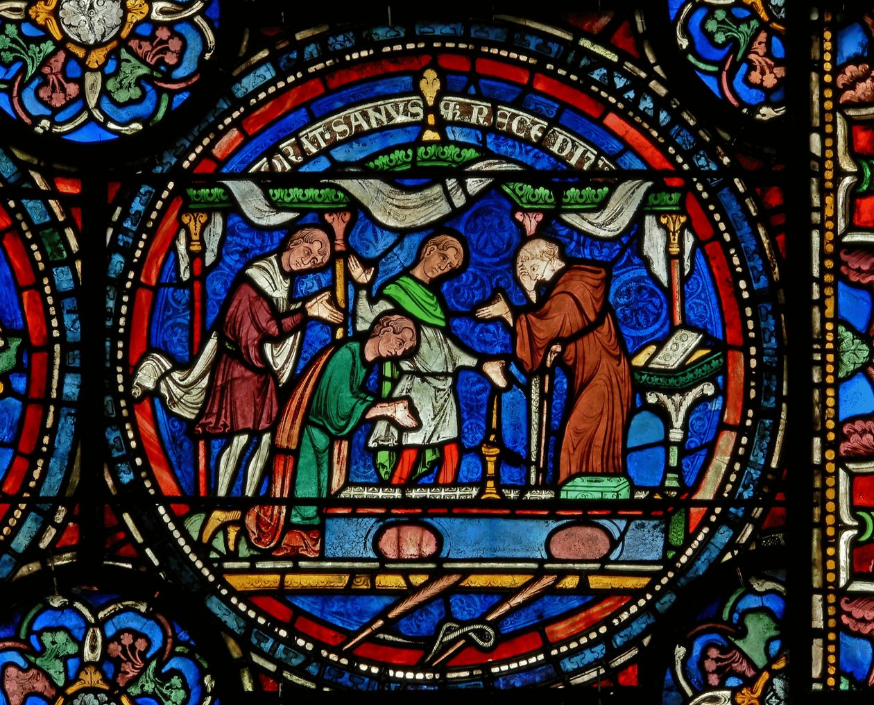Detalje fra Mirakelvinduet, der skildrer Mad Henry fra Fordwich, der takker efter hans helbredelse af English School