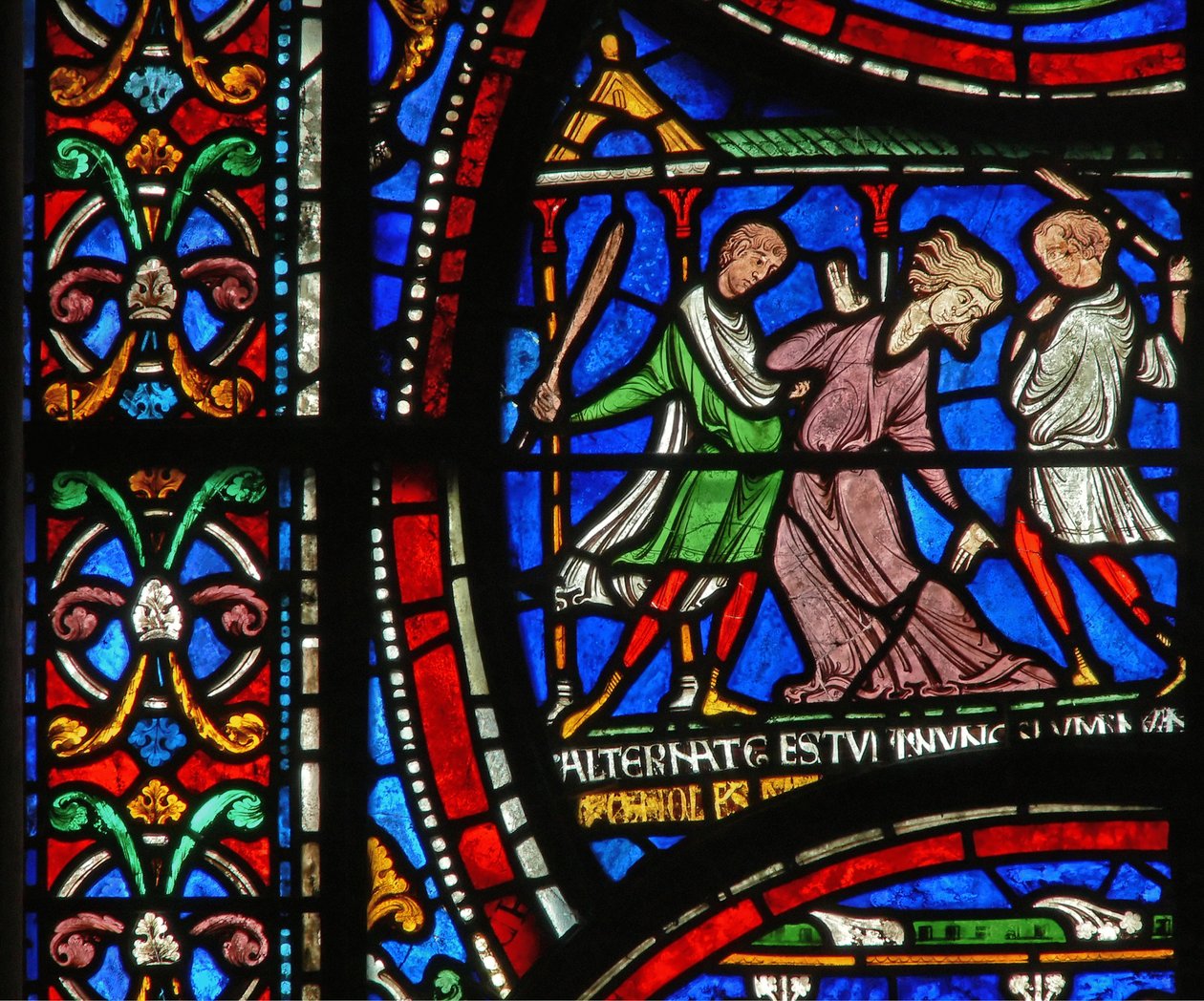 Detalje fra Miracle Window, der skildrer Mad Matilda fra Colognes historie af English School