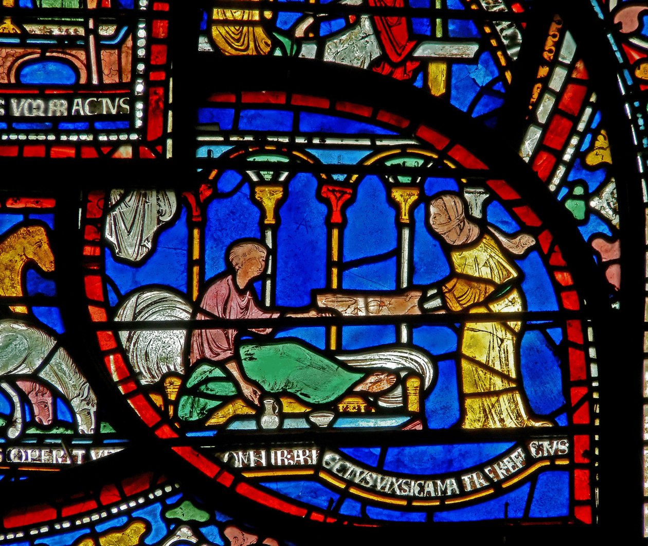 Detalje fra Miracle Window, der skildrer Richard Sunieves historie af English School