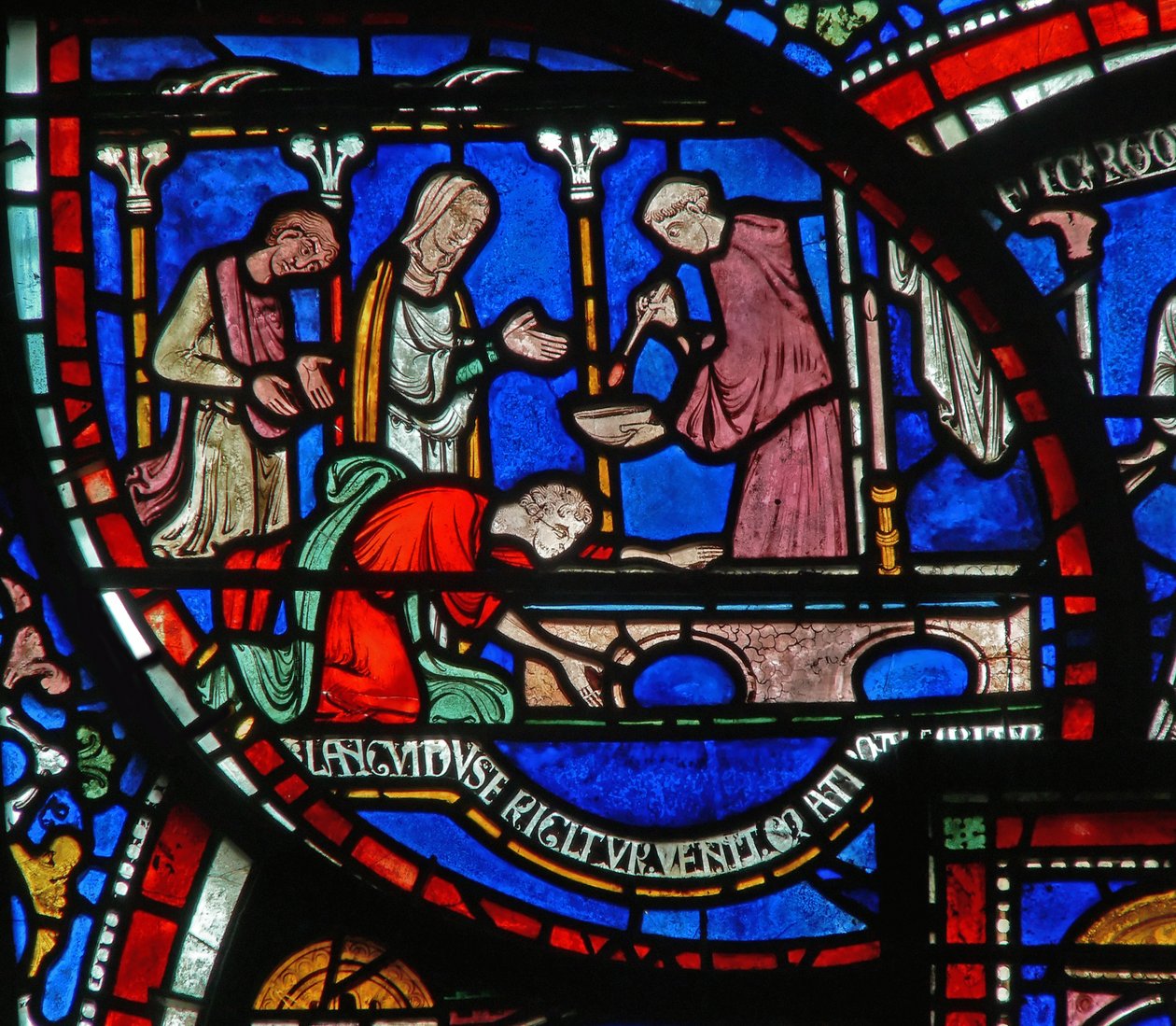 Detalje fra Miracle Window, der skildrer Richard Sunieves historie af English School