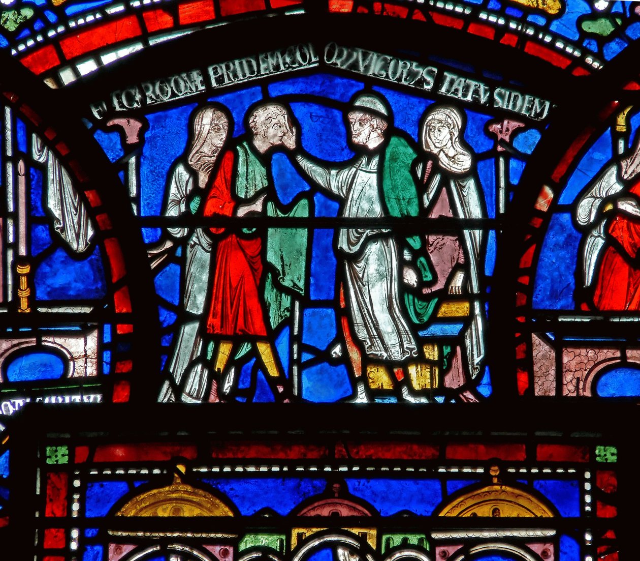 Detalje fra Miracle Window, der skildrer Richard Sunieves historie af English School