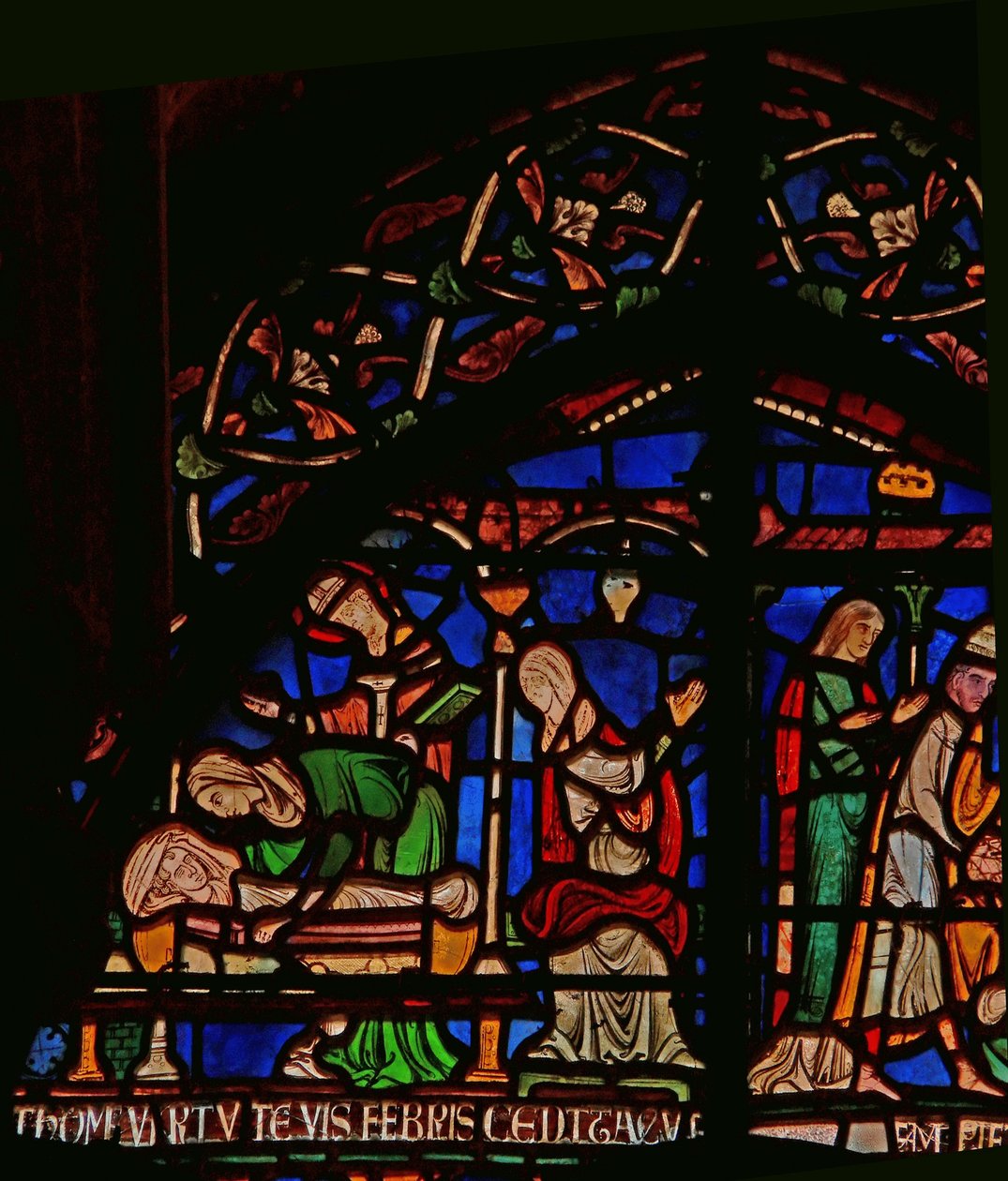 Detalje fra Mirakelvinduet, der viser St. Thomas, der viser sig for spædbarnet Geoffrey af Winchester af English School