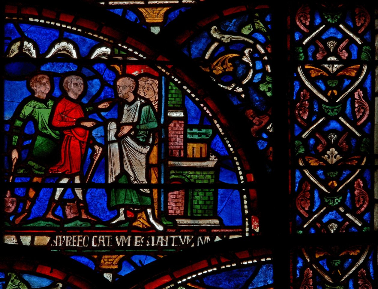 Detalje fra Mirakelvinduet, der viser en scene fra redningen af William af Gloucester af English School