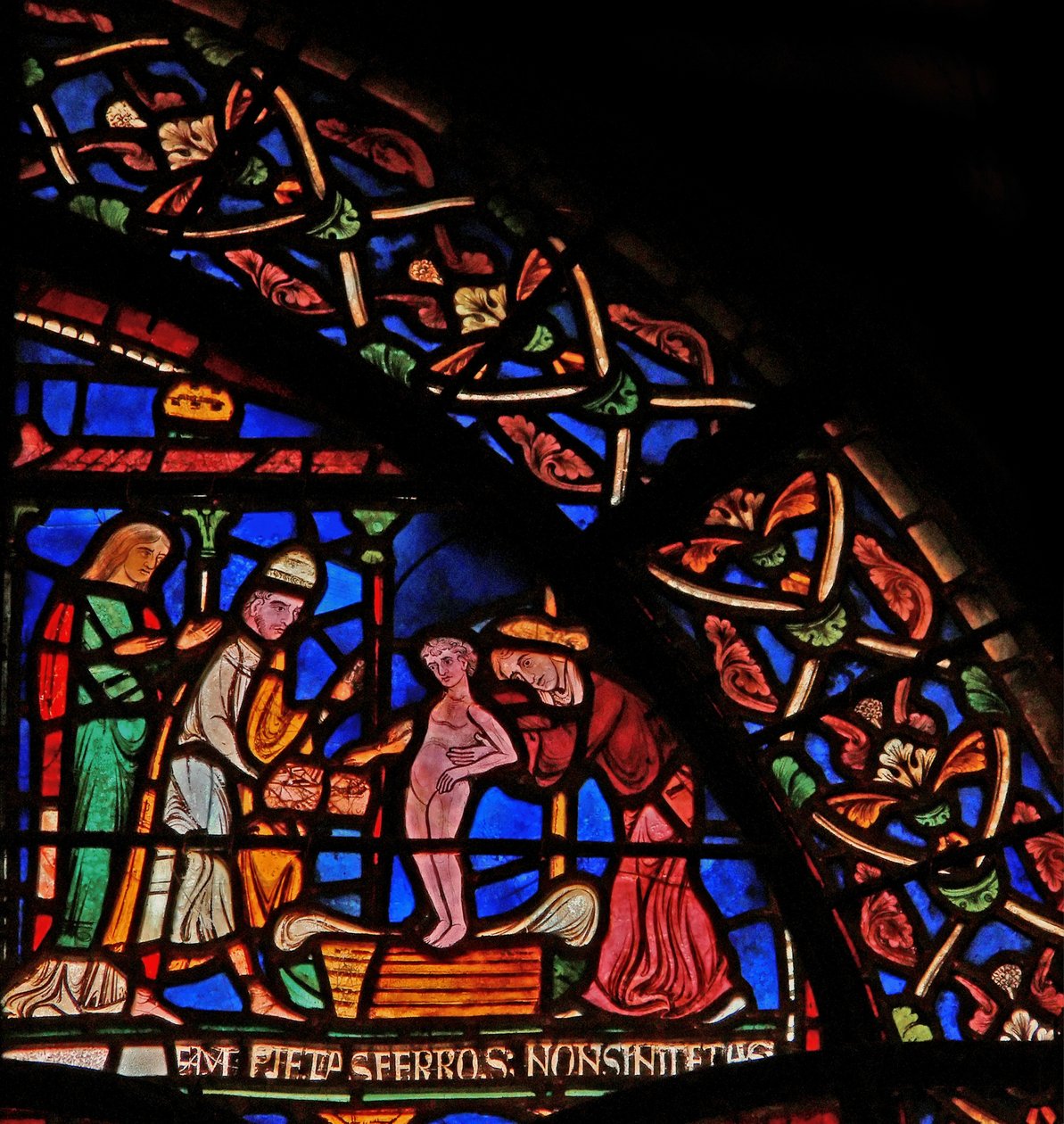 Detalje fra Mirakelvinduet, der forestiller spædbarnet Geoffrey af Winchester, der bringer et offer ved St. Thomas grav af English School