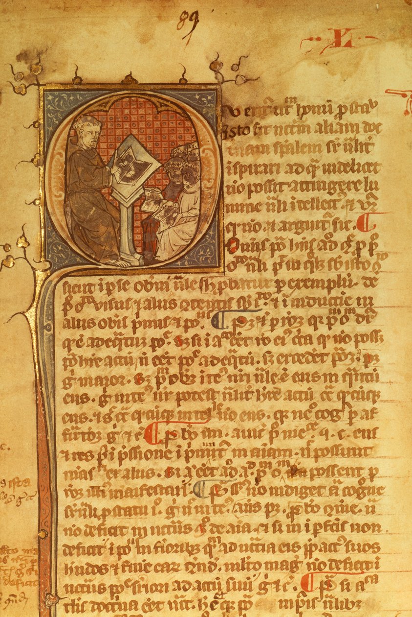 Detalje af et dekorativt brev i et manuskript fra 1300-tallet. Duns Scotus underviser sine elever af English School