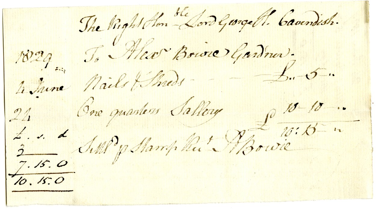 Devonshire MSS AS 3101, folio fra et bundt sedler afgjort af Pinder Simpson for Lord George Cavendish, inklusive Alexander Bowies seddel af English School
