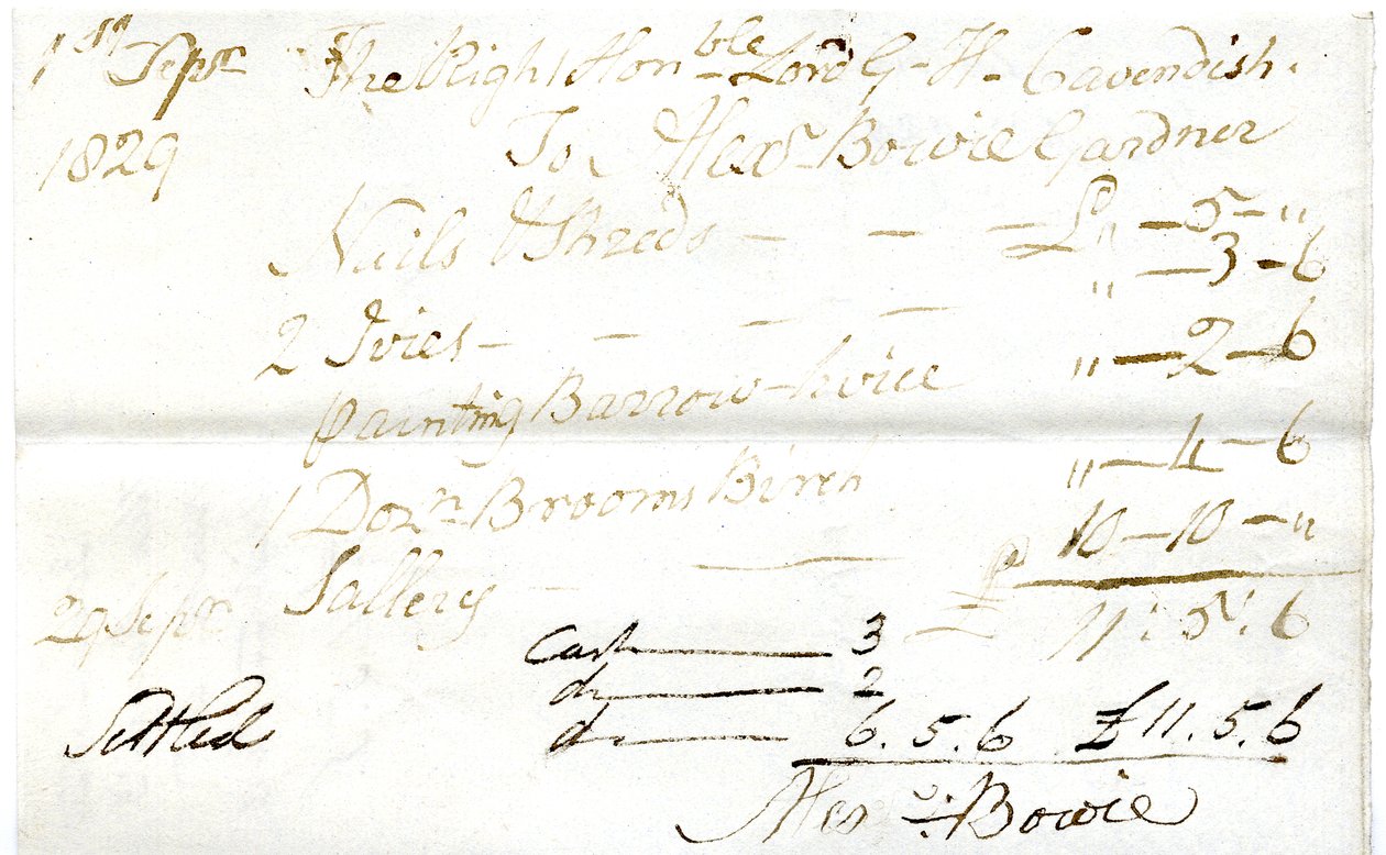 Devonshire MSS AS 3101, folio fra et bundt sedler afgjort af Pinder Simpson for Lord George Cavendish, inklusive Alexander Bowies seddel af English School