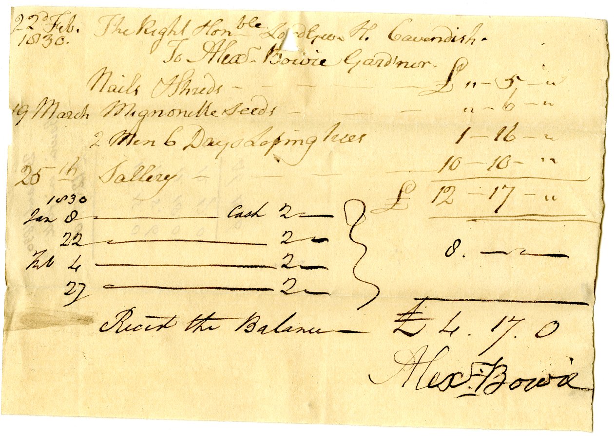 Devonshire MSS AS 3101, folio fra et bundt sedler afgjort af Pinder Simpson for Lord George Cavendish, inklusive Alexander Bowies seddel af English School