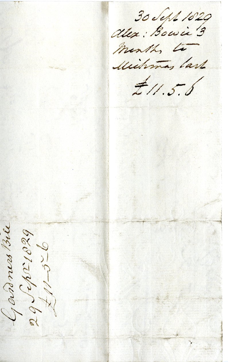 Devonshire MSS AS 3101, folio fra et bundt sedler afgjort af Pinder Simpson for Lord George Cavendish, inklusive Alexander Bowies seddel af English School