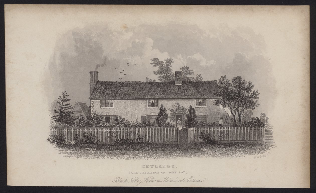 Dewlands, John Rays bolig, Black Notley, Witham Hundred, Essex (kobberstik) af English School
