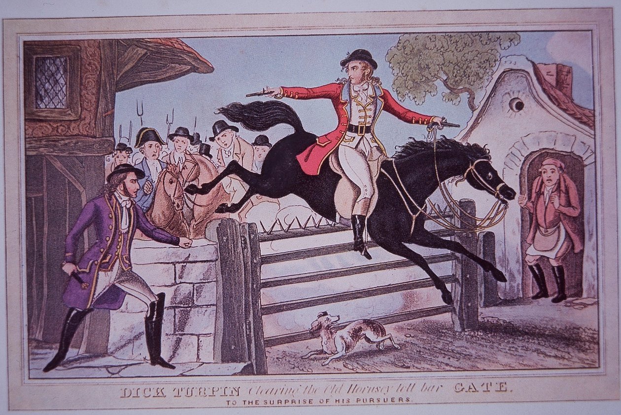 Dick Turpin hopper Hornsey betalingsbomport på sin hest Black Bess (farvet indgravering) af English School