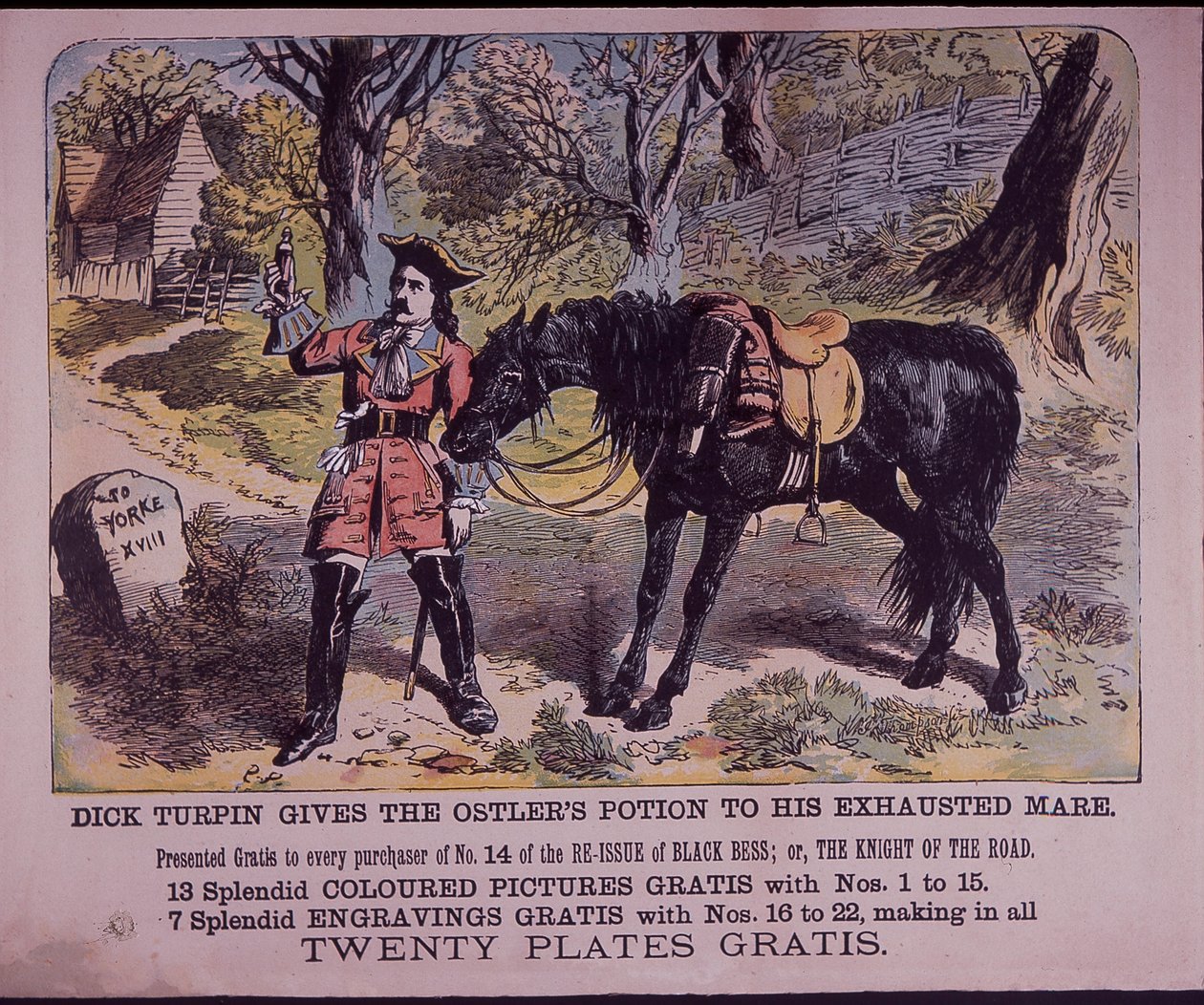 Dick Turpin med sin hest Black Bess på vej til York (farve litho) af English School