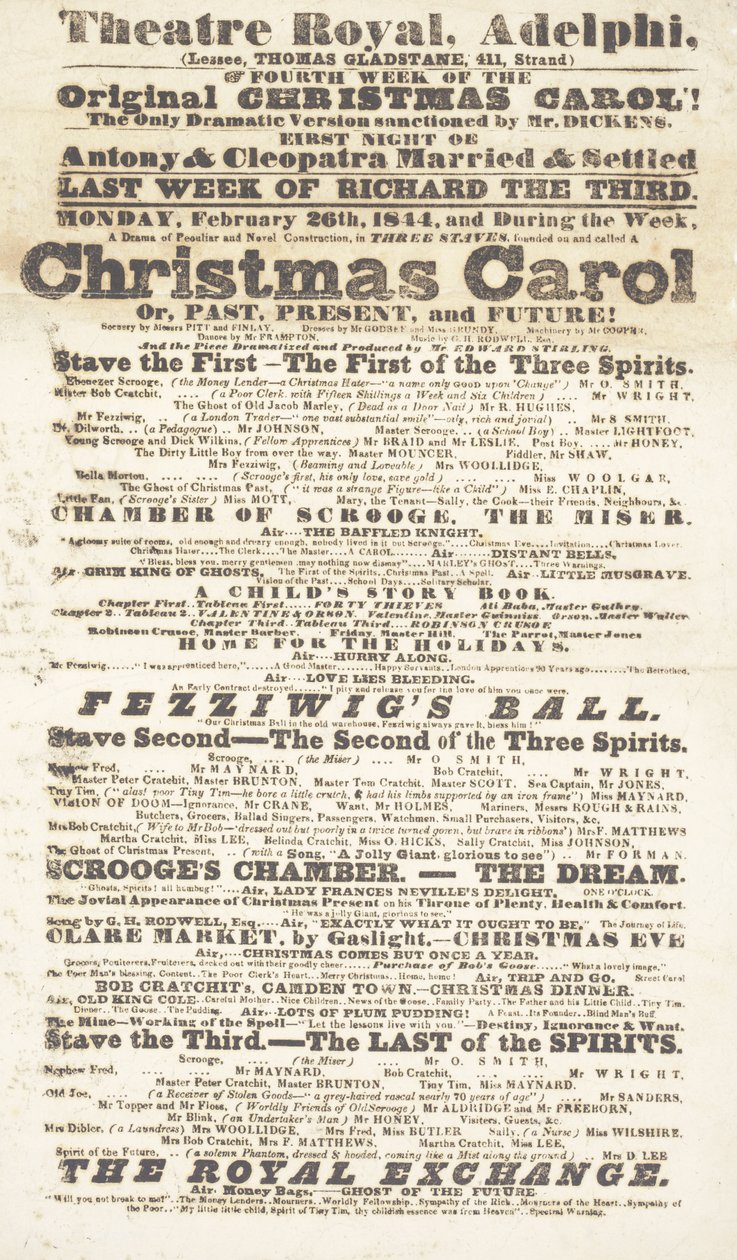 Dickens playbill: A Christmas Carol på Adelphi Theatre Royal, 26. februar 1814 af English School