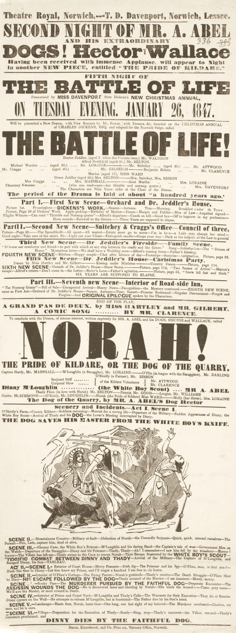 Dickens playbill: The Battle of Life, på Theatre Royal, Norwich, 26. januar 1847 af English School