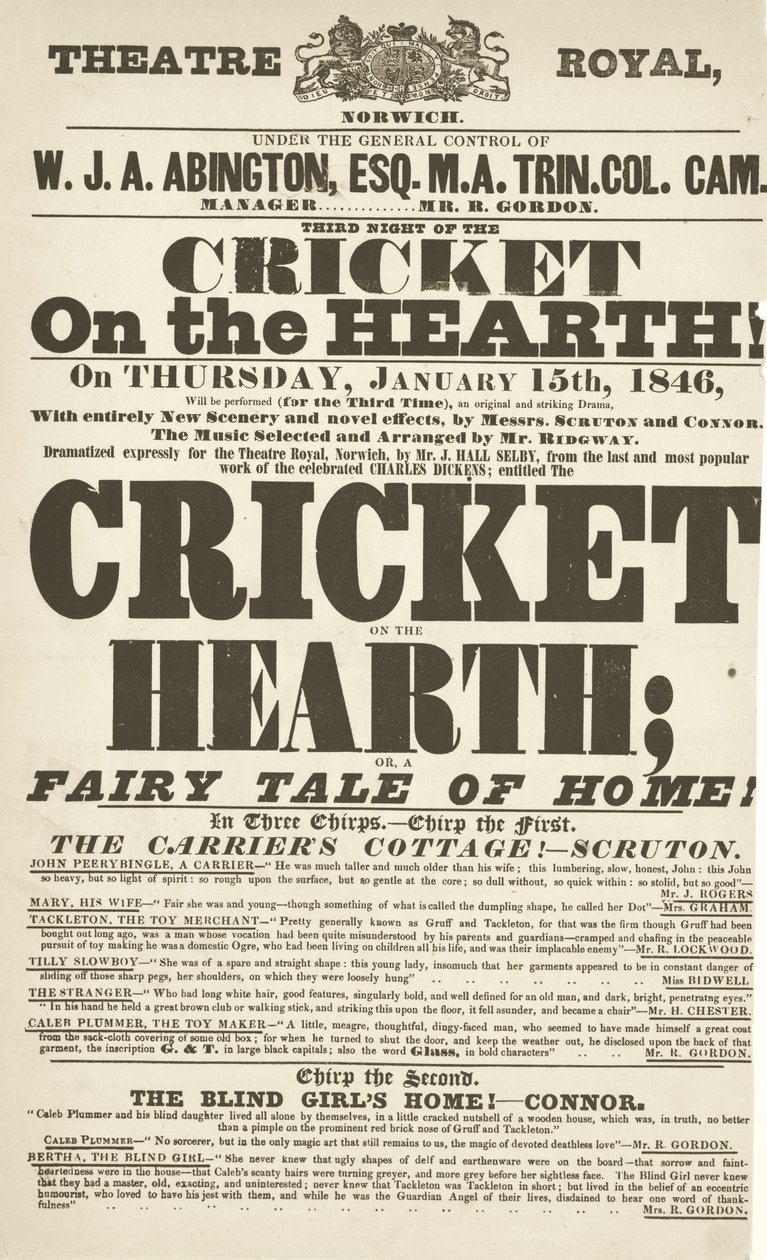 Dickens playbill: The Cricket on the Hearth på Theatre Royal, Derby, 15. januar 1846 af English School