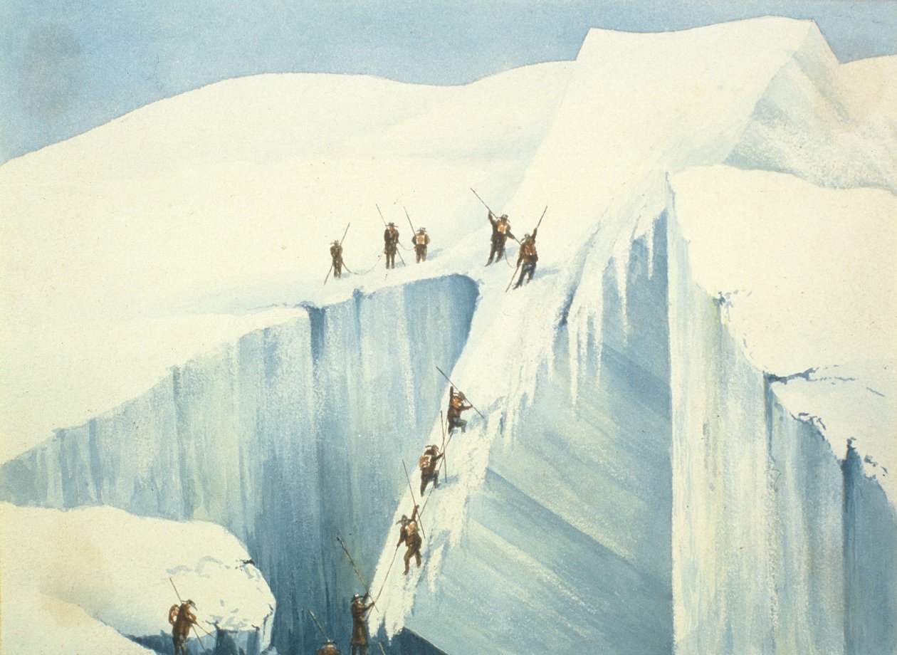 Svært gennemløb af en sprække, fra en fortælling om en opstigning til toppen af Mont Blanc af Charles Fellows (1799-1860), udgivet 1827 af English School