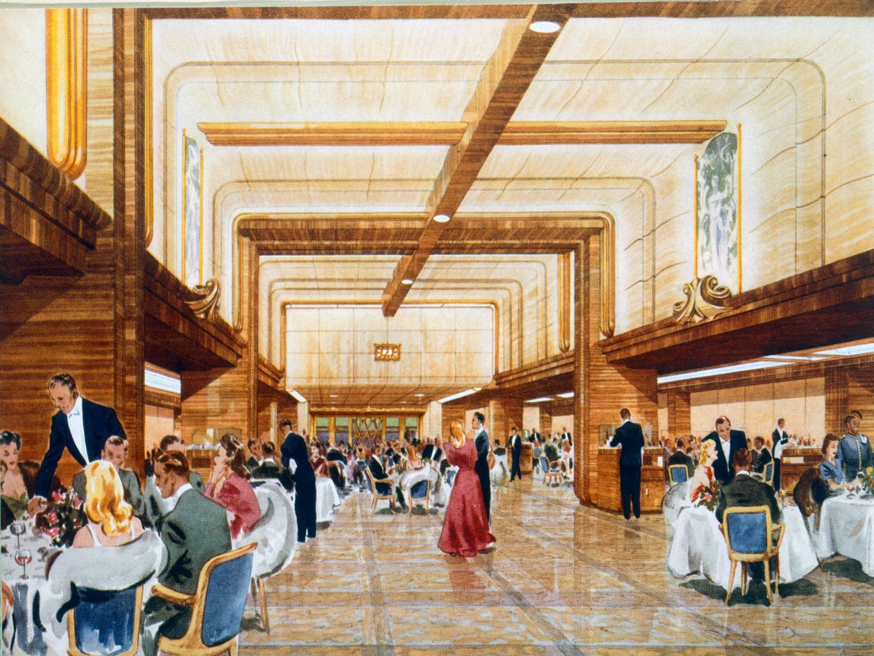 Middag og dans ombord på RMS Caronia, fra en salgsfremmende brochure, 1947 af English School