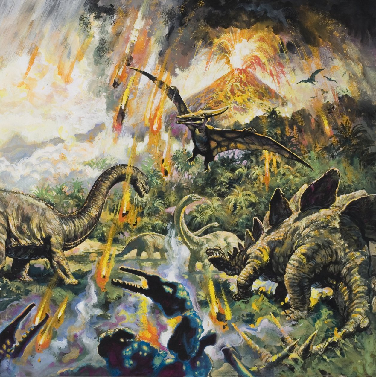 Dinosaurer og vulkaner (gouache på papir) af English School