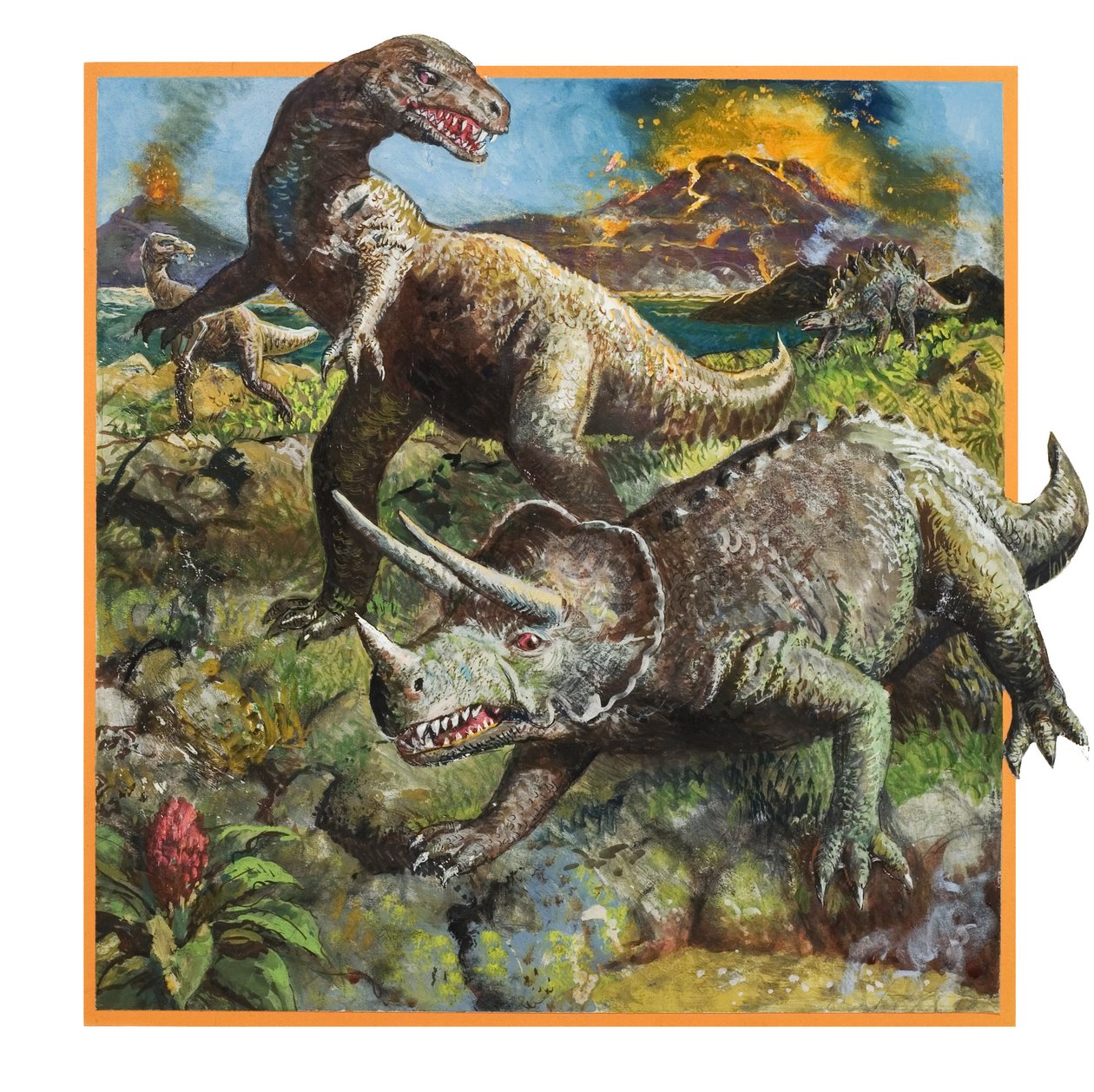 Dinosaurer med vulkan (gouache på papir) af English School