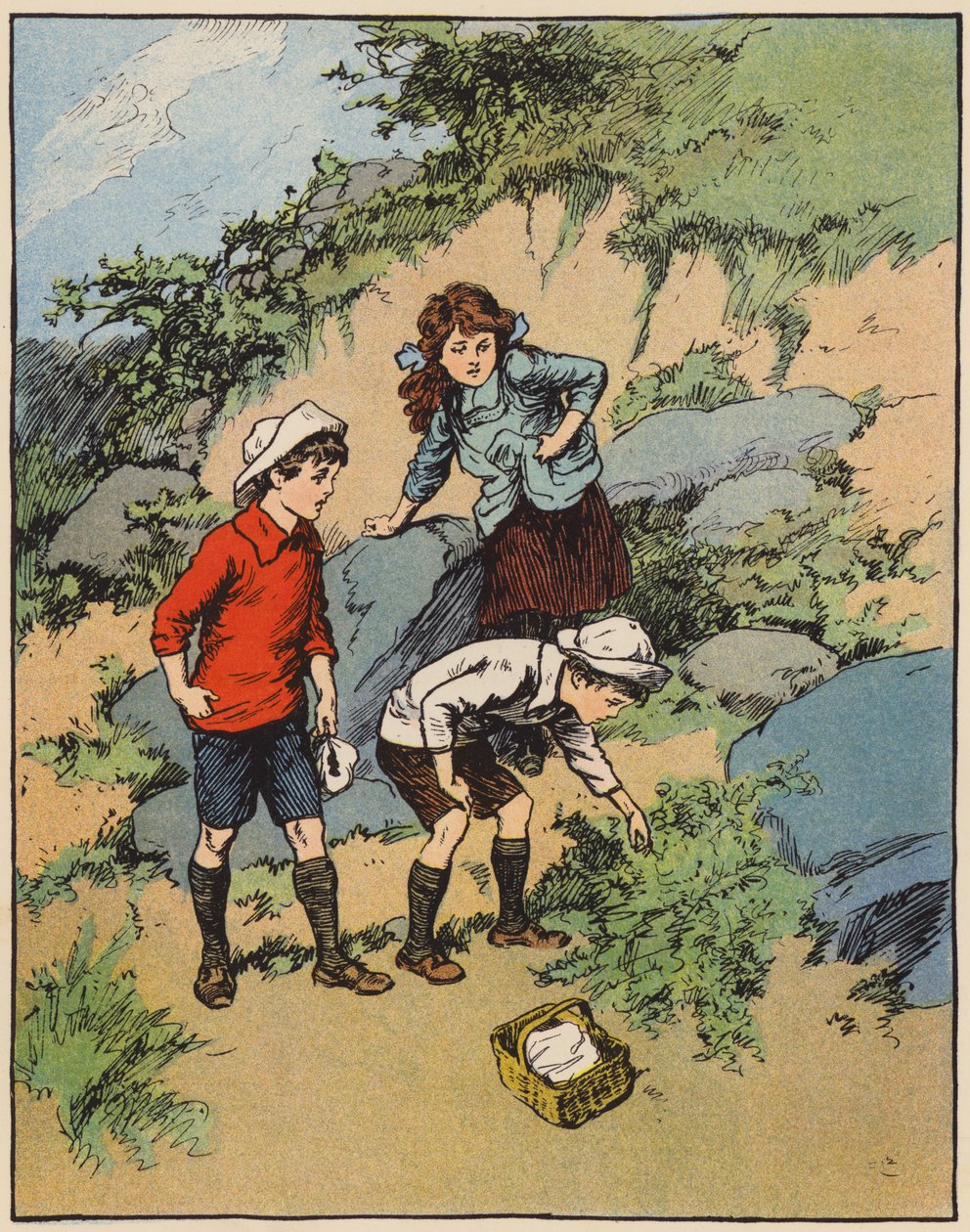 "Opdagede bregnebedet koldt og tomt" (farvelitografi) af English School