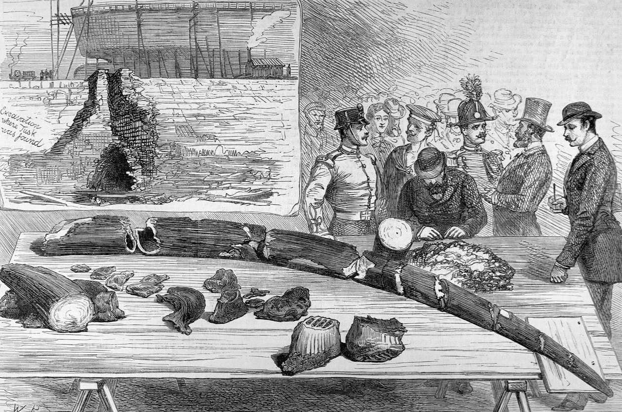 Opdagelse af fossile rester ved Leghorn, Toscana, fra The Illustrated London News, 21. januar 1882 af English School