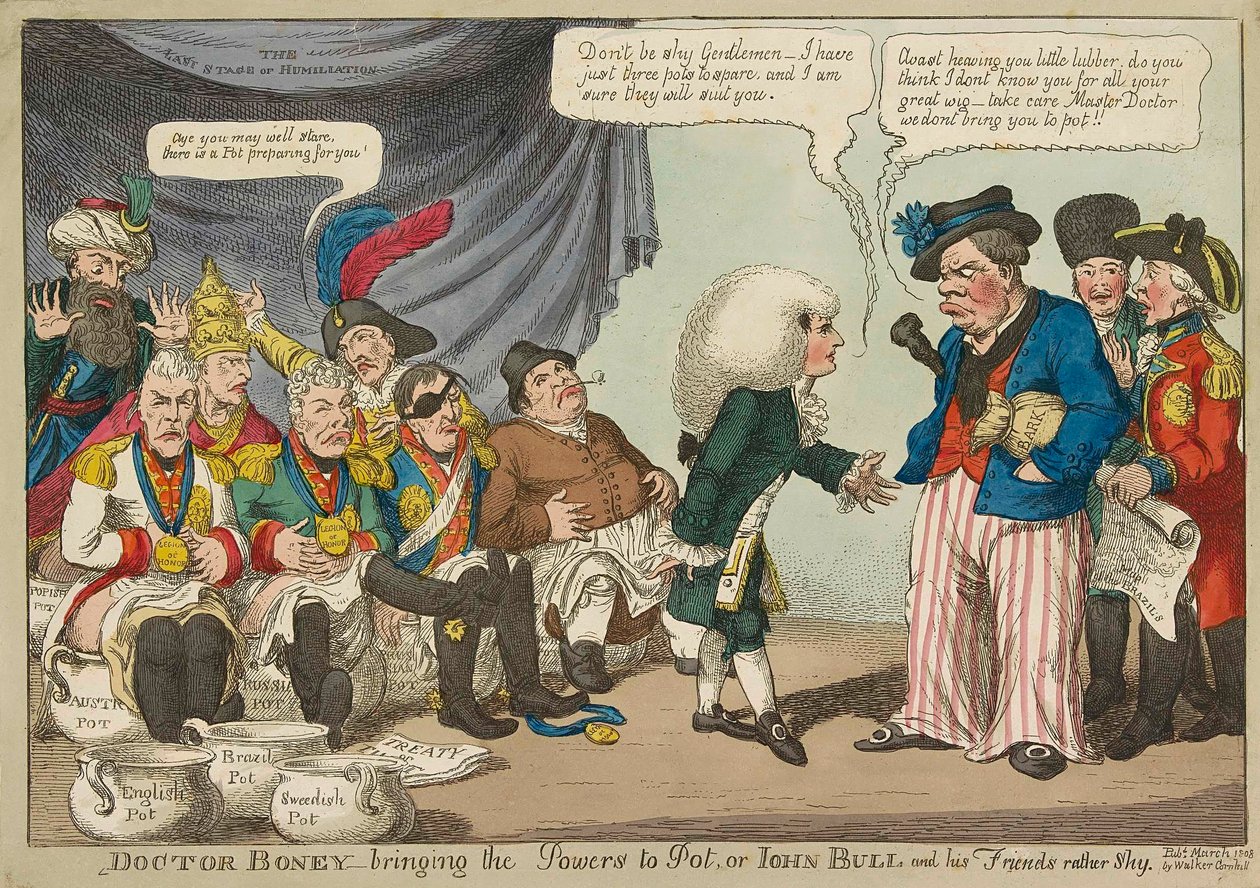 Doctor Boney_bringing the Powers to Pot ..., 1808 håndfarvet gravering. af English School