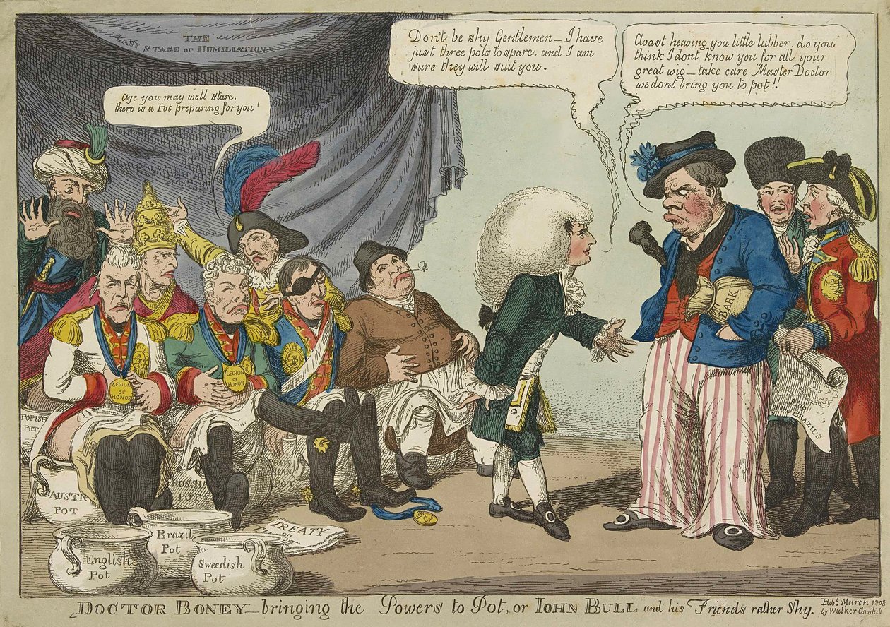 Doctor Boney_bringing the Powers to Pot, eller John Bull og hans venner temmelig generte, pub. 1808 (håndfarvet gravering) af English School