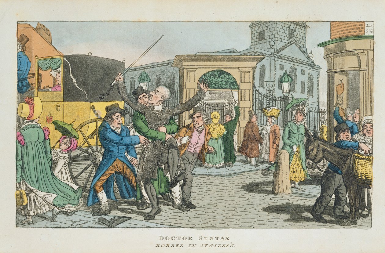 Doctor Syntax røvet i St. Giless, fra The Tour of Doctor Syntax gennem London, eller Metropolis fornøjelser og elendighed. Et digt, udgivet 1820 (akvatinte) af English School