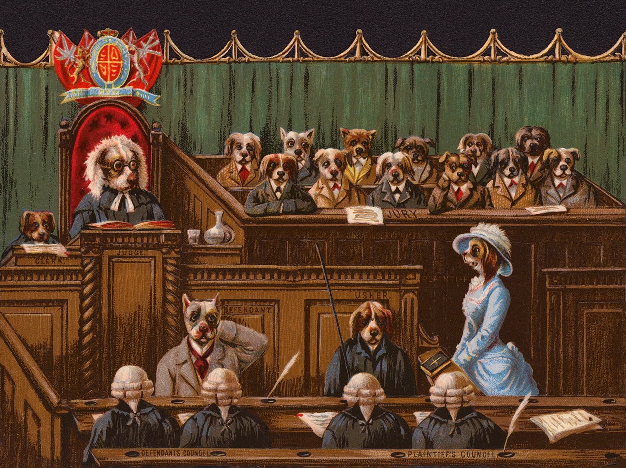 Hunde i en retssal (chromolitho) af English School