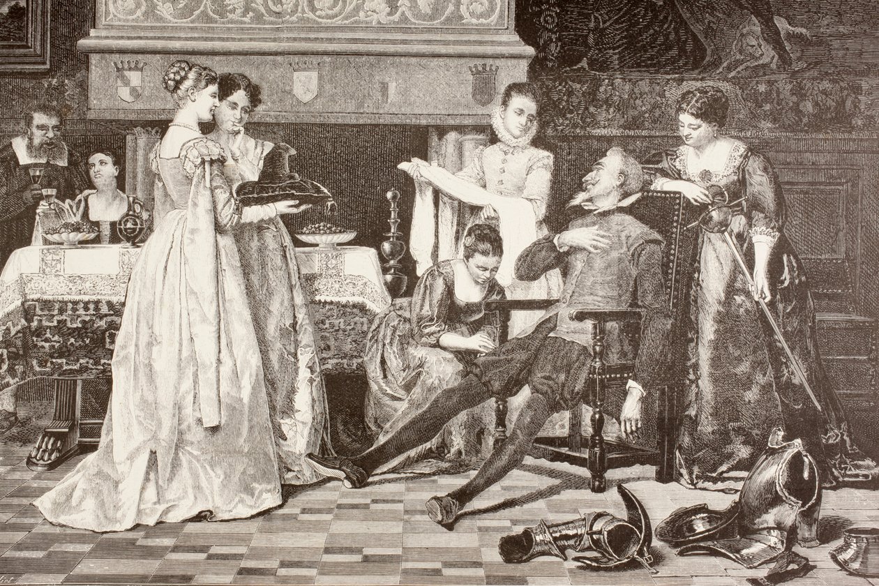 Don Quixote i hertugen og hertugindens hus (litho) af English School