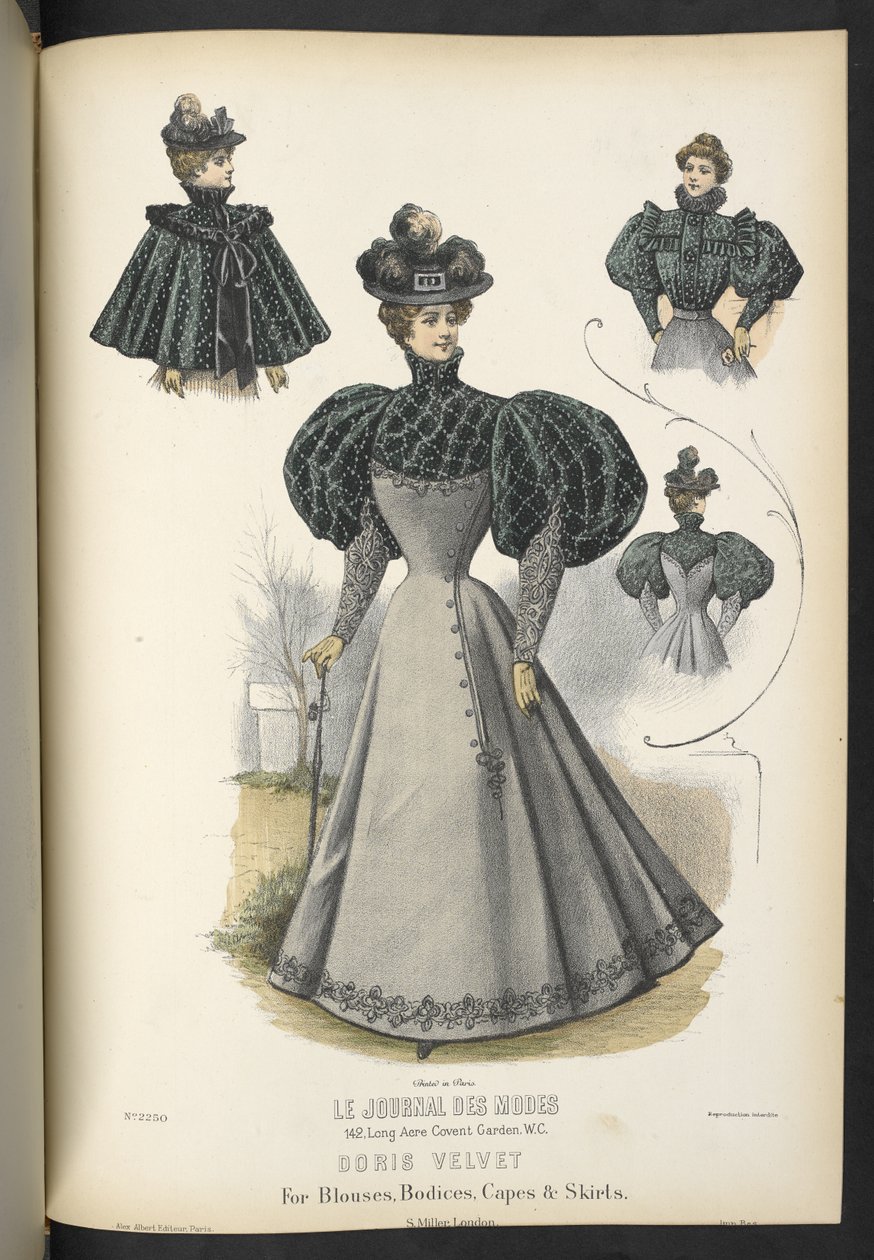 Doris fløjl, Til bluser, overdel, kapper og nederdele,  Tallerken 2250, Doris fløjl til bluser, overdel, kapper og nederdele,  Dressmakeren og mølleren,  1895 af English School