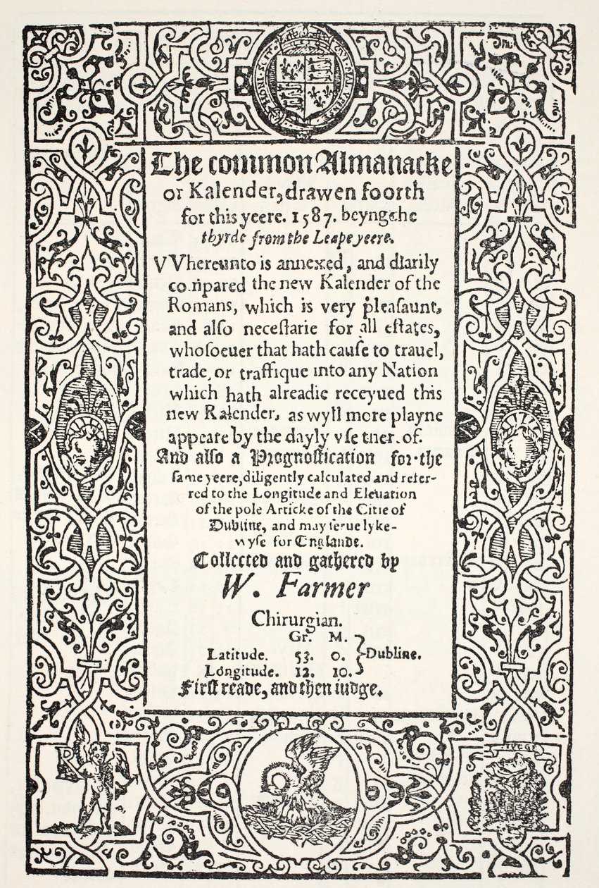 Dobbelt almanak (almindelig og ny) og Prognostication for Dublin for 1587, af W. Farmer, trykt af Watkins og Roberts, 1587 af English School