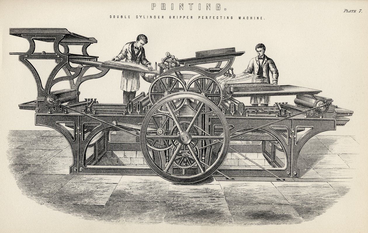 Dobbeltcylindret griber-perfektioneringsmaskine, fra The National Encyclopaedia, udgivet af William Mackenzie, London, slutningen af det 19. århundrede af English School