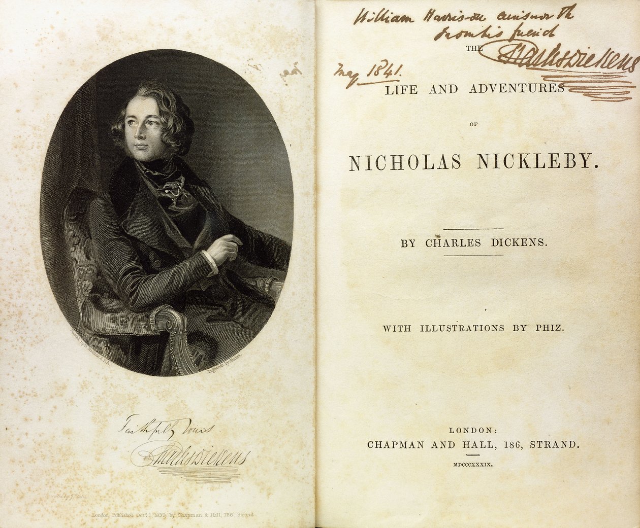 Dobbeltsideopslag med et portræt af Dickens og en dedikation af Dickens til William Harrison Ainsworth af English School