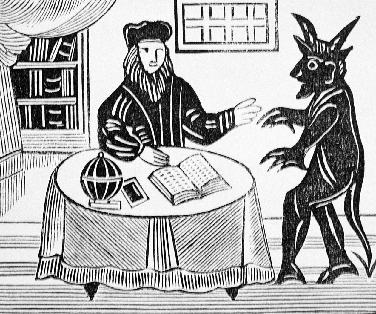 Dr. Faustus in Counsel with the Devil, fra Gents oversættelse af Dr. Faustus af Christopher Marlowe (1564-93) 1648 fra en samling kapbøger om esoterica af English School