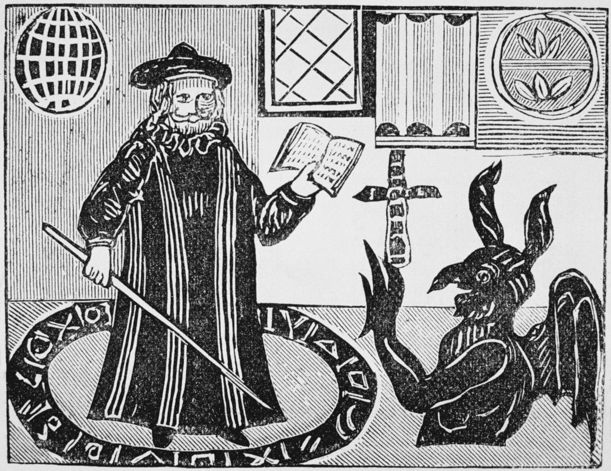 Dr Faustus in a Magic Circle, frontispice af Gents oversættelse af Dr Faustus, udgivet 1648 af English School
