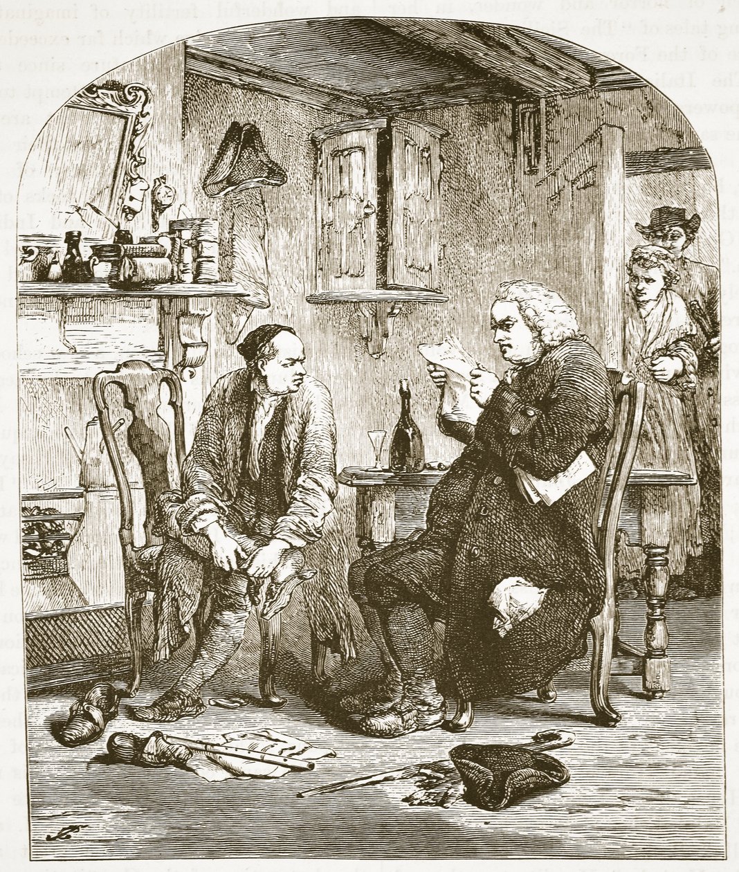 Dr. Johnson læser manuskriptet af Vicar of Wakefield, illustration fra Cassells Illustrated History of England (sepiafoto) af English School