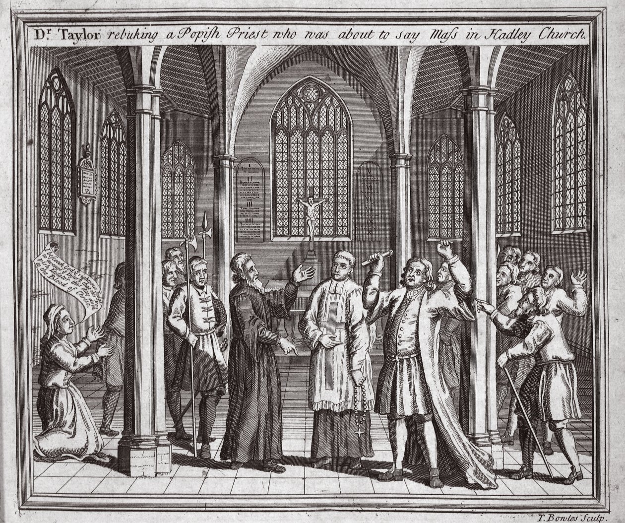 Dr. Taylor irettesætter en popsk præst, der var ved at holde messe i Hadley Church, illustration fra Foxes Martyrs ca. 1703 af English School