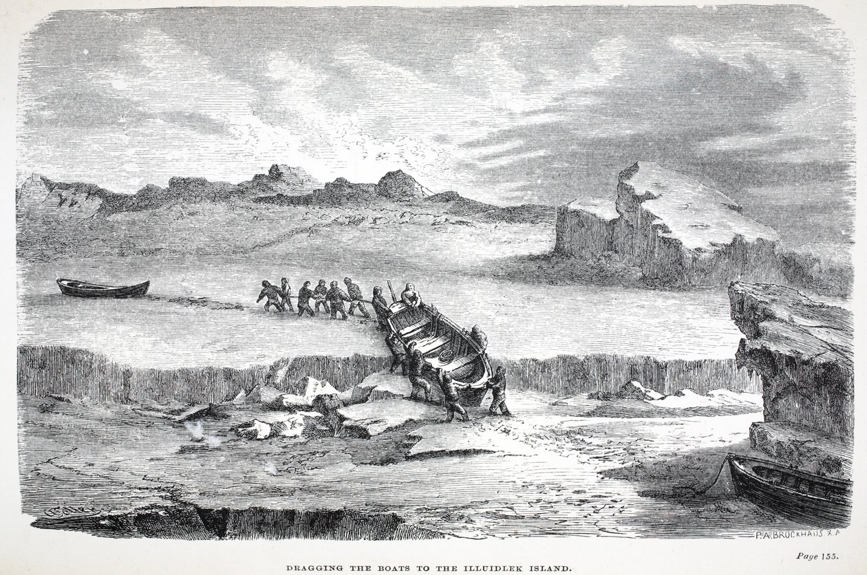 Dragging the Boats to the Illuidlek Island, pub. London 1886  af English School