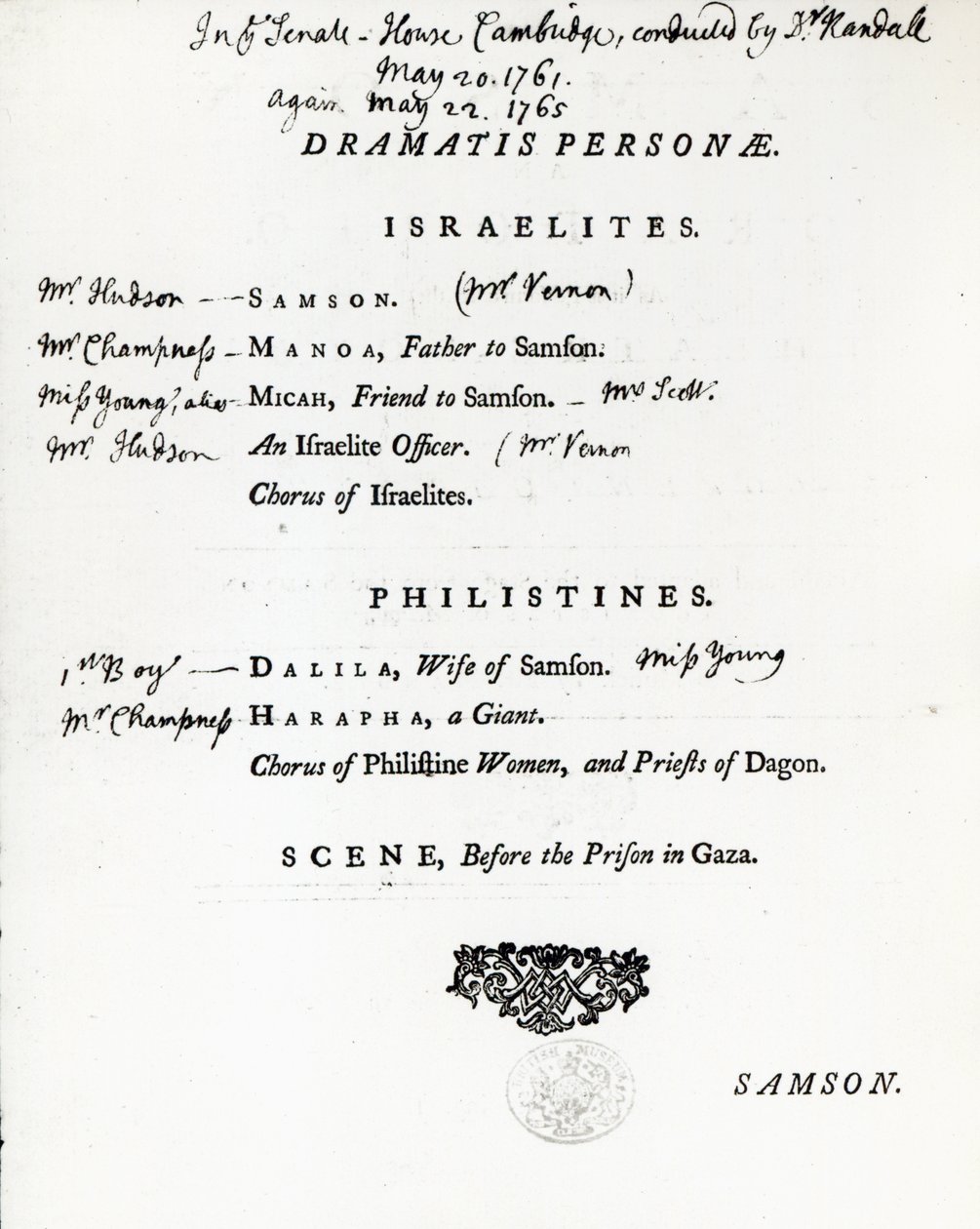 Dramatis Personae for Samson, et oratorium af Händel, udgivet i 1759 af English School