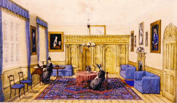 Stue interiør af et landsted, ca. 1830 (akvarel på papir) af English School
