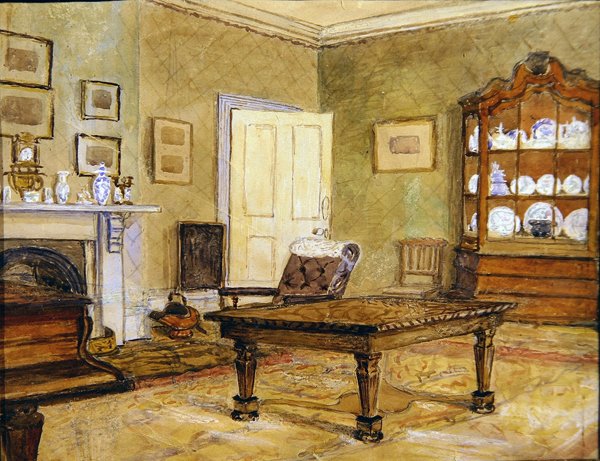 Stueinteriør med porcelænssamling, ca. 1890 (akvarel på papir) af English School