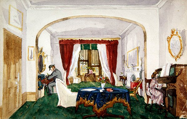 Stueinteriør, kvinde ved klaver, mand med bowlerhat skrift, ca. 1850 (akvarel på papir) af English School