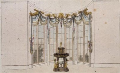 Tegnestuevinduesgardin og jardiniere, plade 101 fra Ackermanns Kunstdepot, udgivet 1809-28 (farve litho) af English School