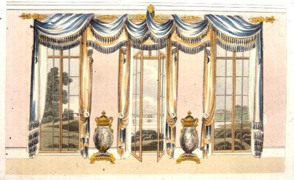 Tegnestue vinduesgardiner, plade 109 fra Ackermanns Kunstdepot, udgivet 1820 (farve litho) af English School