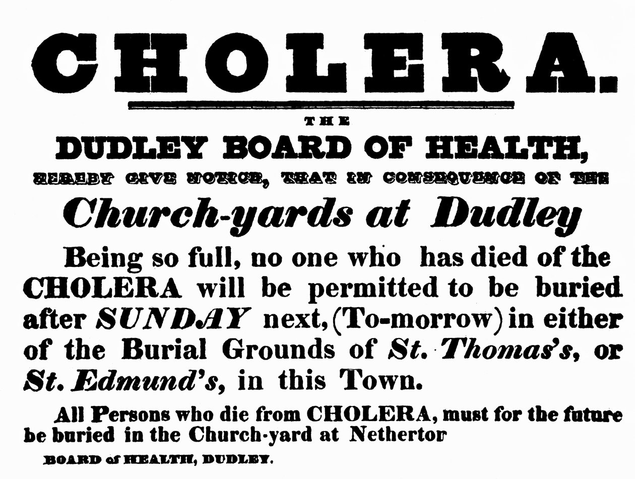 Dudley Board of Health-plakat, der annoncerer begravelsesproceduren for mennesker, der er døde af kolera, ca. 1840