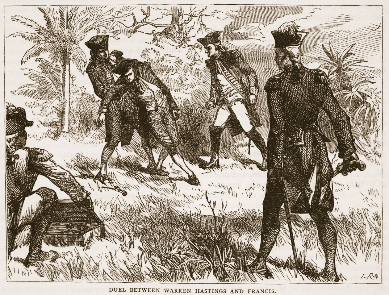 Duel mellem Warren Hastings og Francis, illustration fra Cassells Illustrated History of India af James Grant, pub. 1879 af English School