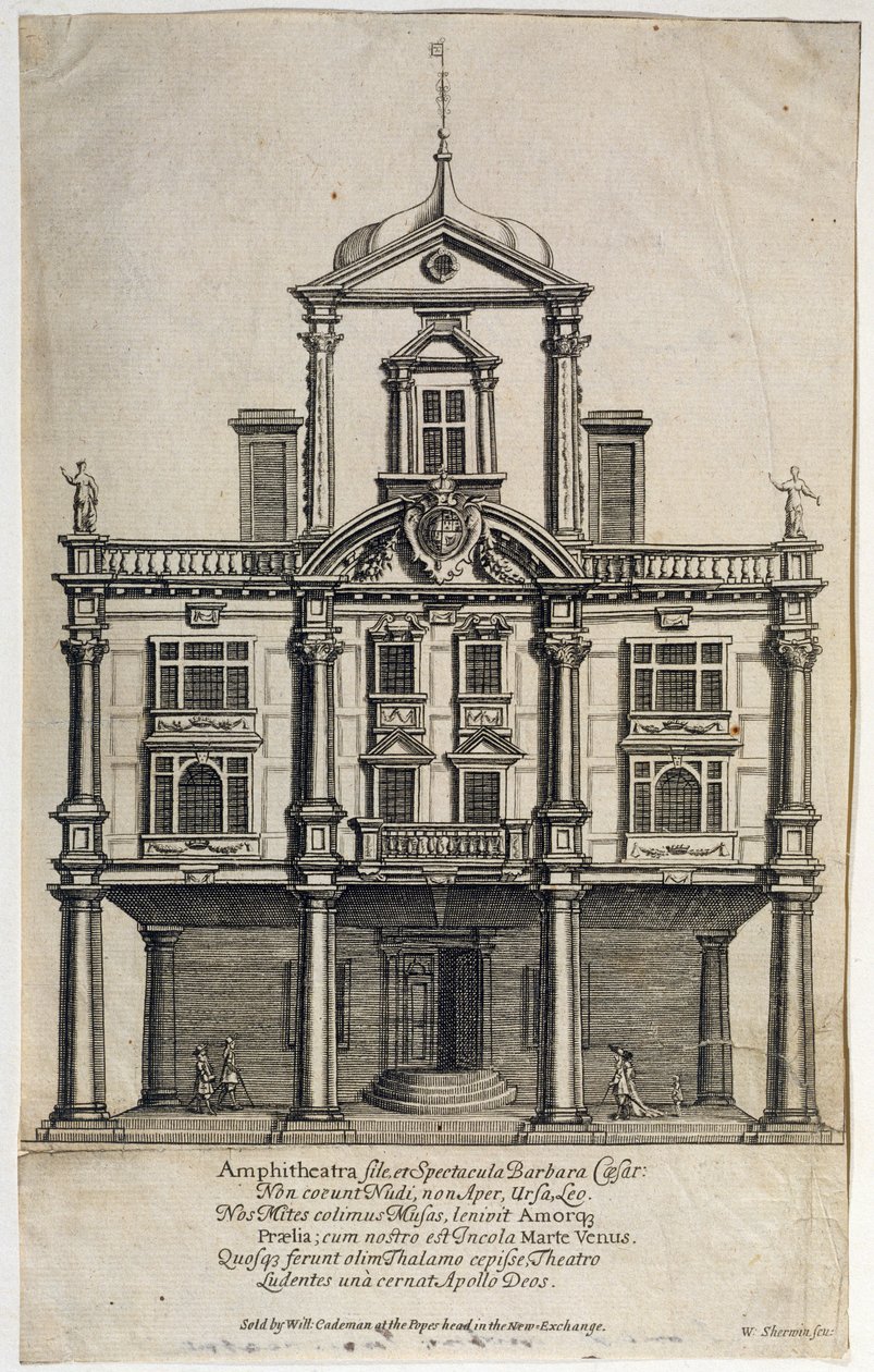 Dukes Theatre, Dorset Gardens, graveret af W. Sherwin (ca. 1645-1711) 1673 af English School
