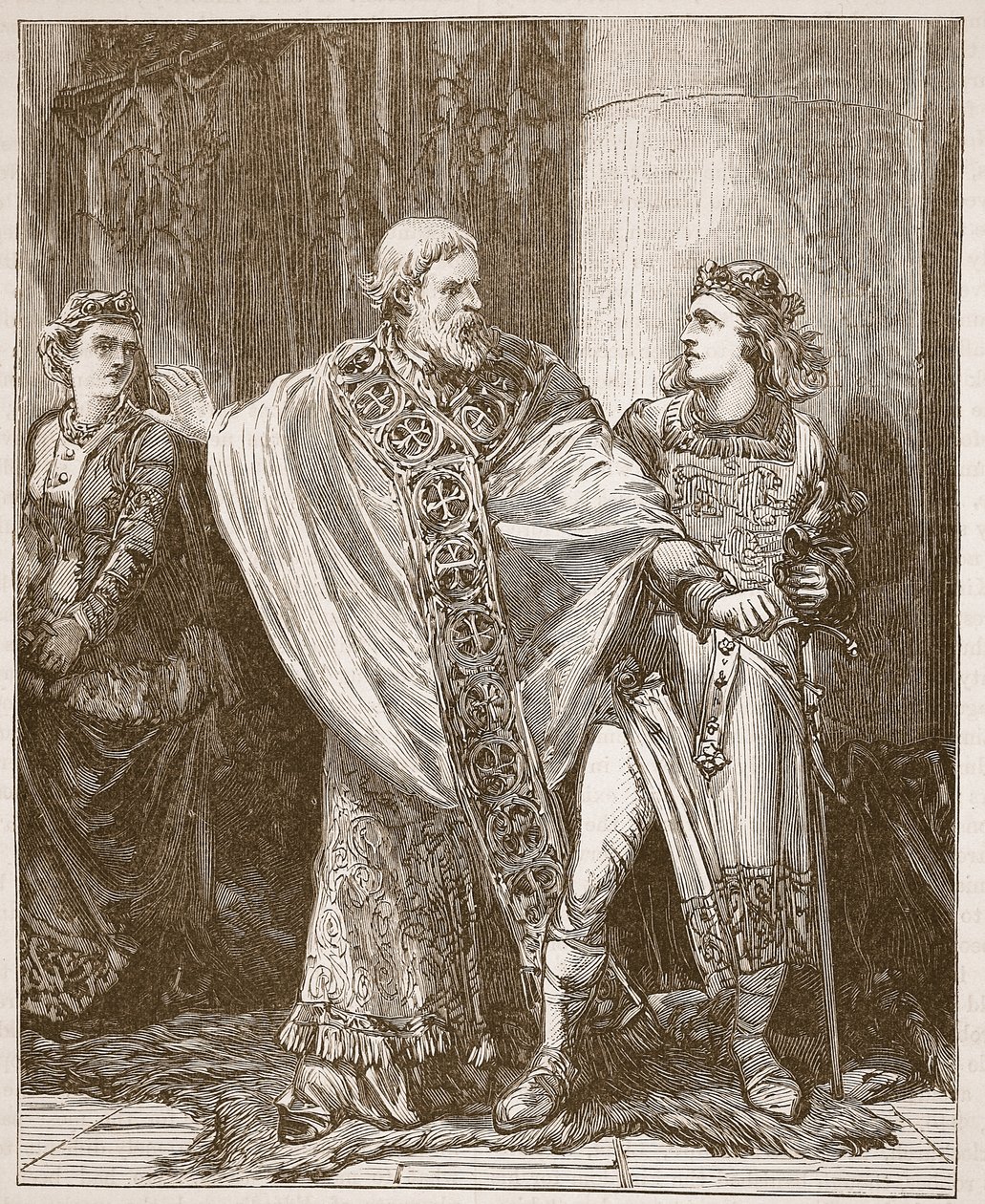 Dunstan trækker Edwy fra tilstedeværelsen af Elgiva, illustration fra Cassells Illustrated History of England (sepiafoto) af English School