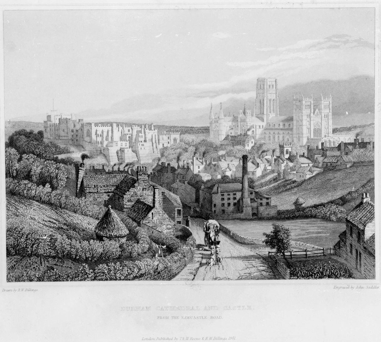 Durham Cathedral and Castle fra Newcastle Road, 1841 af English School